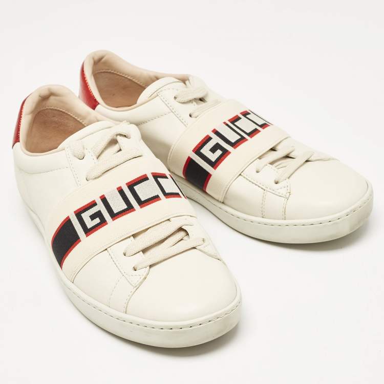 Pre Owned Gucci Cream Leather Logo Band Ace Sneakers Size 36