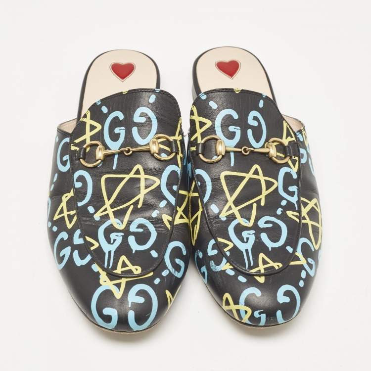 Pre Owned Gucci Black Leather Ghost Print Horsebit Princetown Flat Mules Size 41