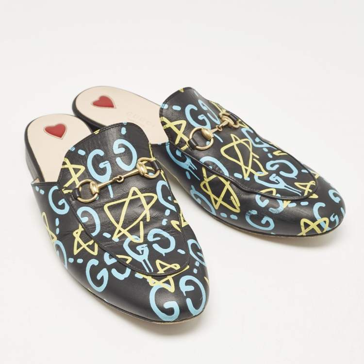 Pre Owned Gucci Black Leather Ghost Print Horsebit Princetown Flat Mules Size 41