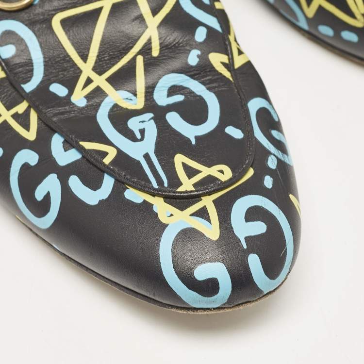 Pre Owned Gucci Black Leather Ghost Print Horsebit Princetown Flat Mules Size 41