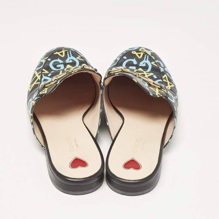 Pre Owned Gucci Black Leather Ghost Print Horsebit Princetown Flat Mules Size 41
