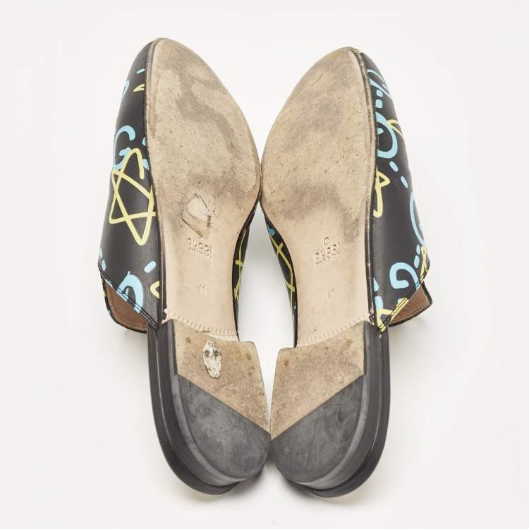Pre Owned Gucci Black Leather Ghost Print Horsebit Princetown Flat Mules Size 41
