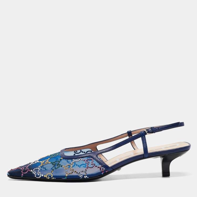 Pre Owned Gucci Blue GG Embellished Mesh and Leather Slingback Pumps Size 40
