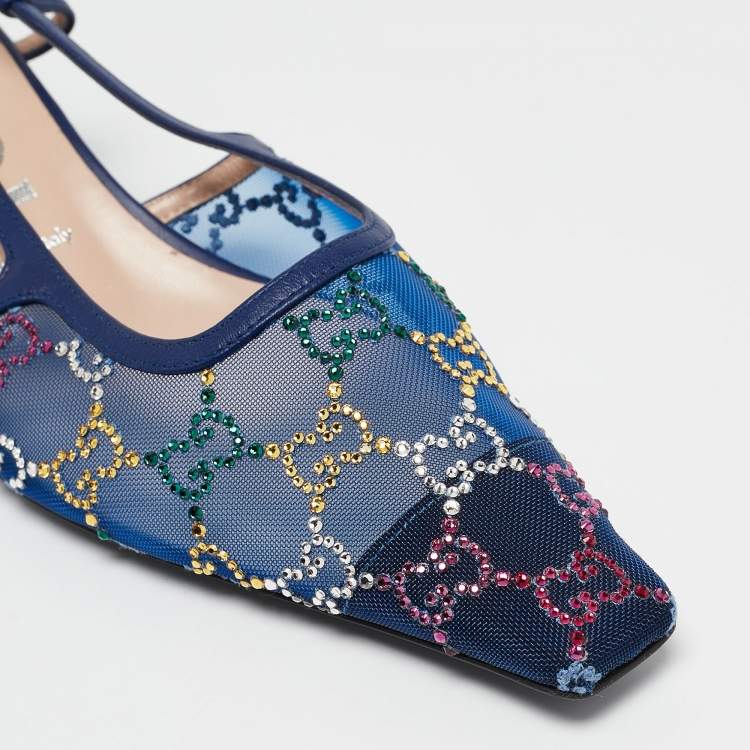 Pre Owned Gucci Blue GG Embellished Mesh and Leather Slingback Pumps Size 40