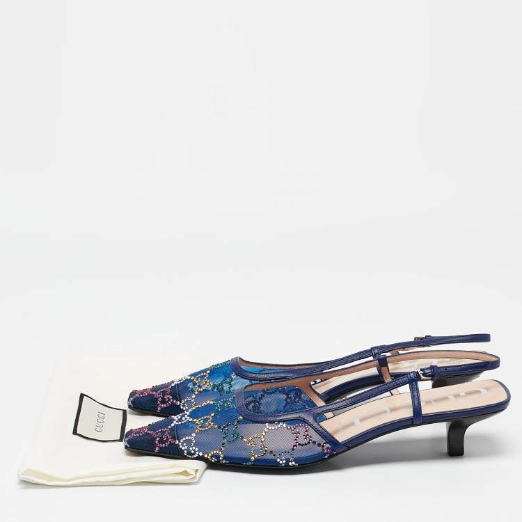 Pre Owned Gucci Blue GG Embellished Mesh and Leather Slingback Pumps Size 40