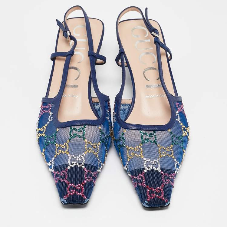 Pre Owned Gucci Blue GG Embellished Mesh and Leather Slingback Pumps Size 40