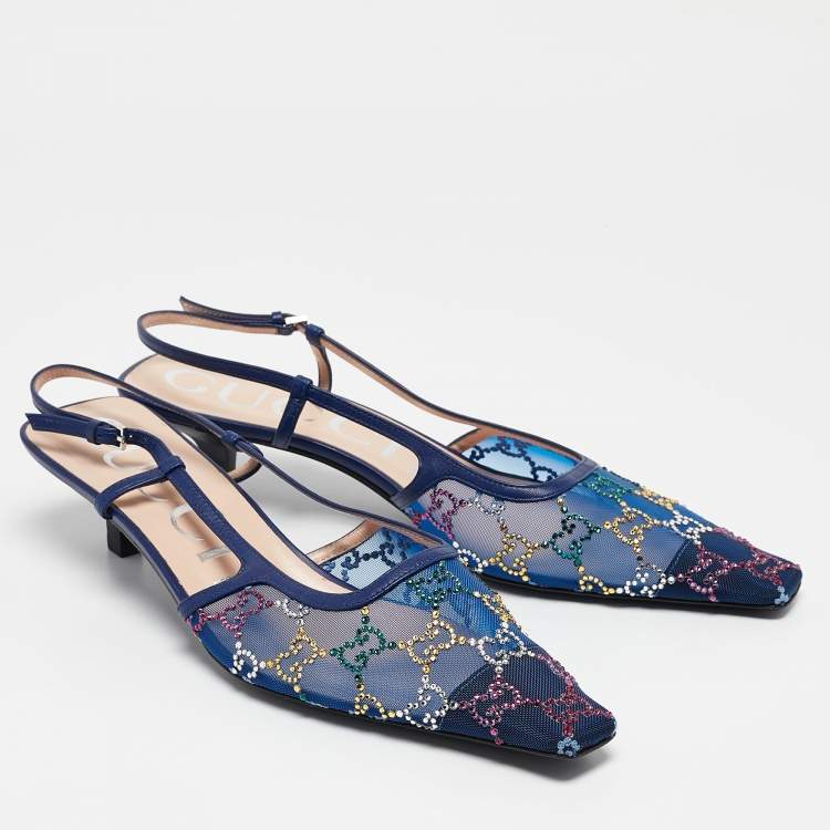 Pre Owned Gucci Blue GG Embellished Mesh and Leather Slingback Pumps Size 40