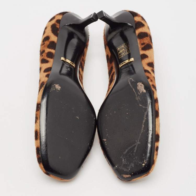 Pre Owned Gucci Brown Leopard Print Calf Hair Horsebit Pumps Size 38