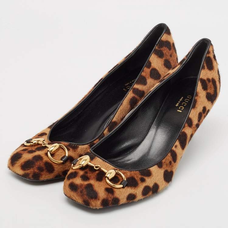 Pre Owned Gucci Brown Leopard Print Calf Hair Horsebit Pumps Size 38