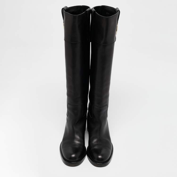 Pre Owned Gucci Black Leather Riding Mid Calf  Boots Size 36.5