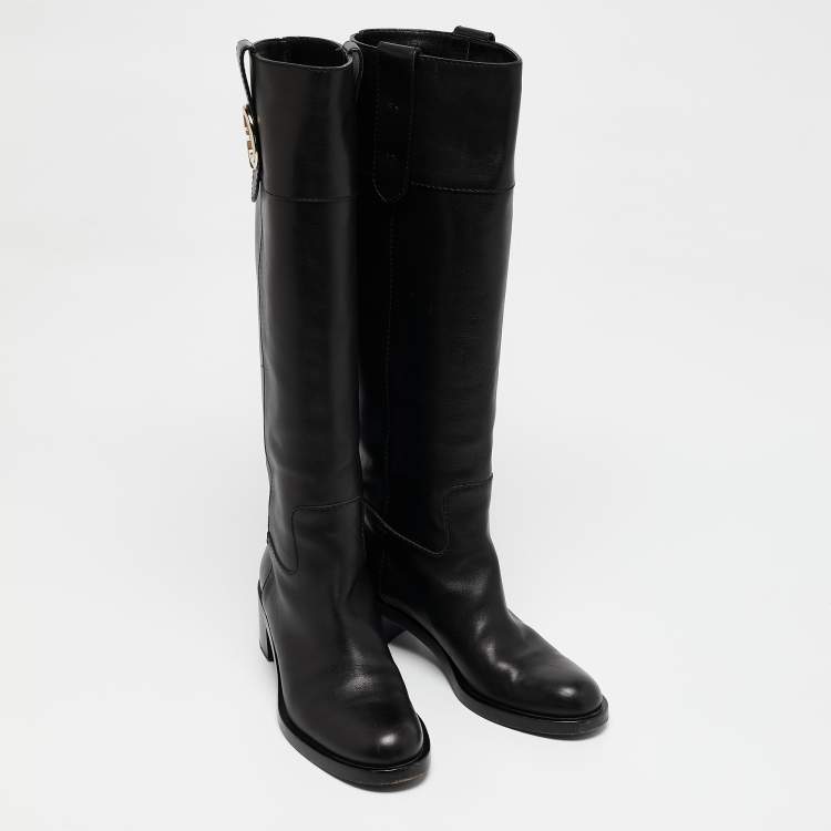 Pre Owned Gucci Black Leather Riding Mid Calf  Boots Size 36.5