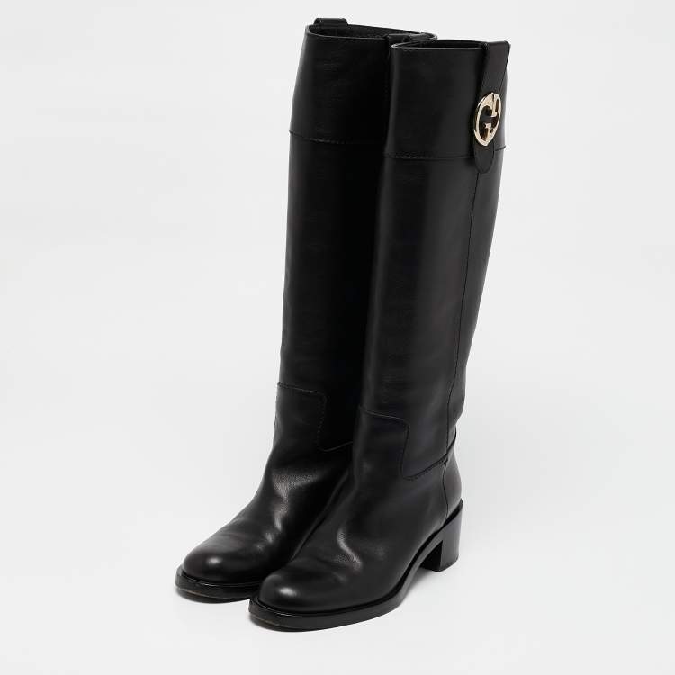 Pre Owned Gucci Black Leather Riding Mid Calf  Boots Size 36.5