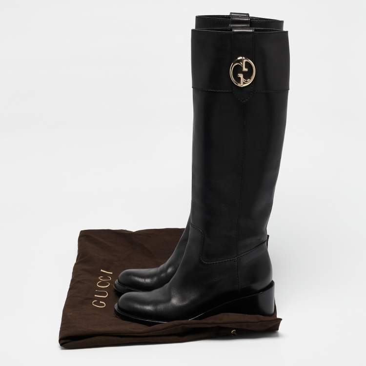 Pre Owned Gucci Black Leather Riding Mid Calf  Boots Size 36.5
