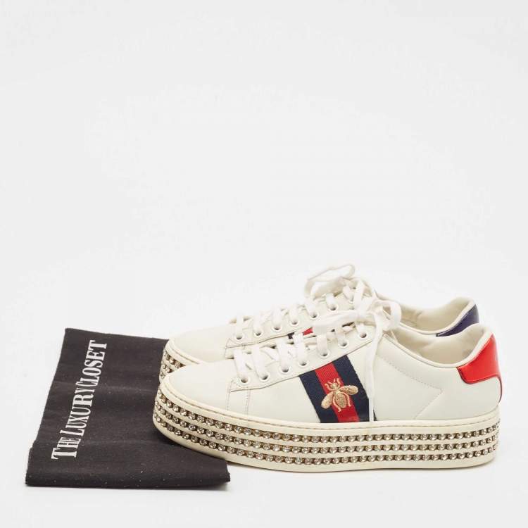 Pre Owned Gucci White Leather Bee Web New Ace Crystal Embellished Platform Sneakers Size 37