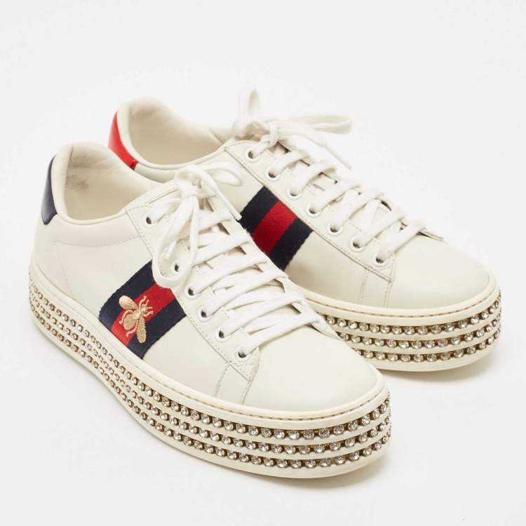 Pre Owned Gucci White Leather Bee Web New Ace Crystal Embellished Platform Sneakers Size 37