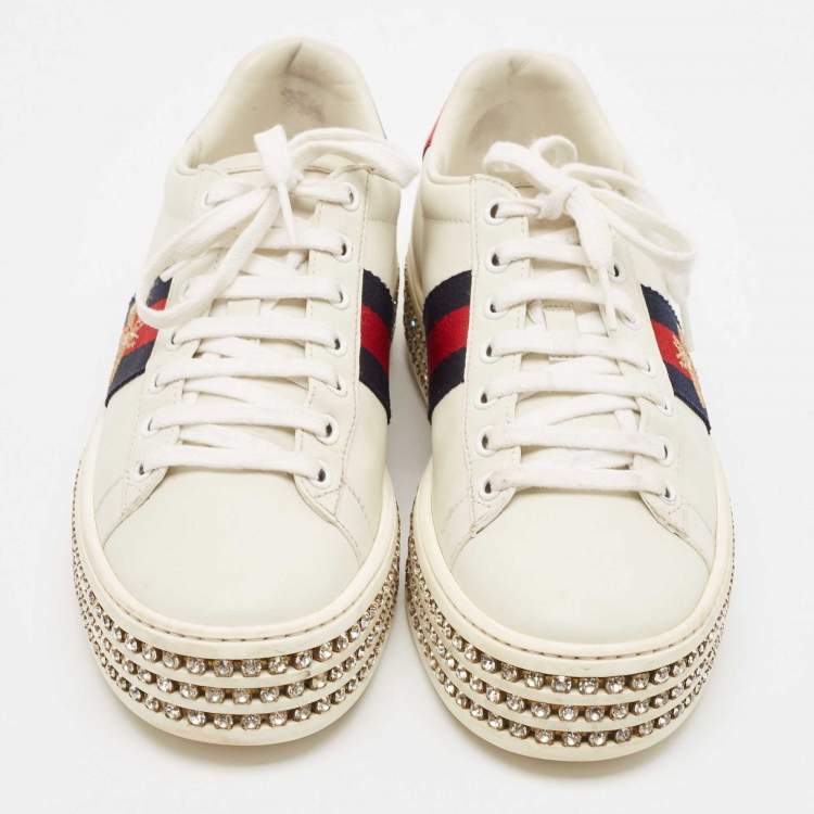 Pre Owned Gucci White Leather Bee Web New Ace Crystal Embellished Platform Sneakers Size 37