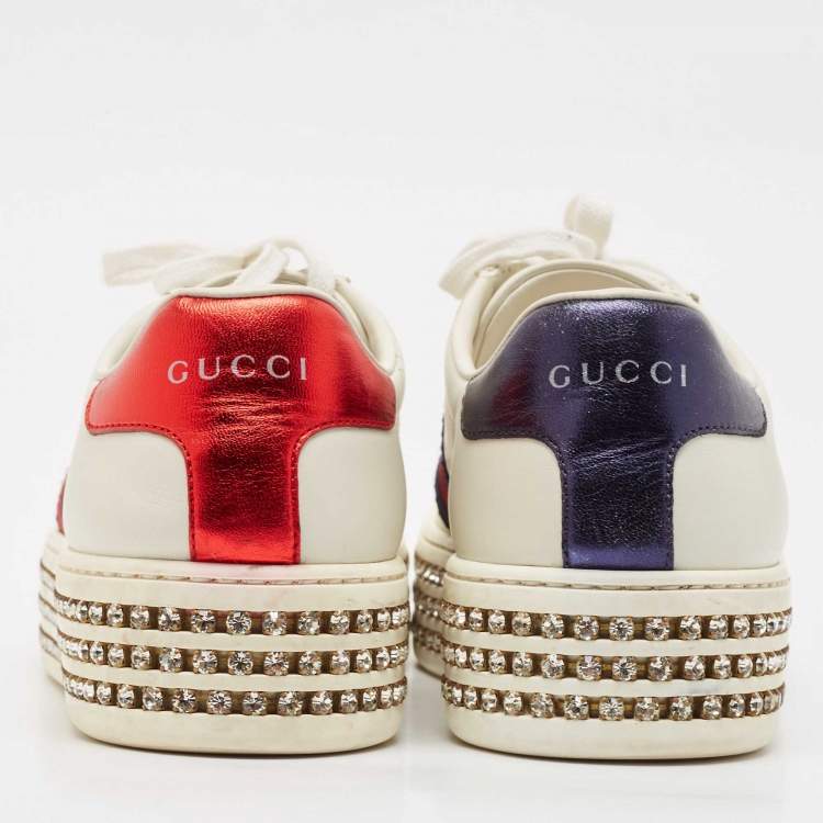 Pre Owned Gucci White Leather Bee Web New Ace Crystal Embellished Platform Sneakers Size 37