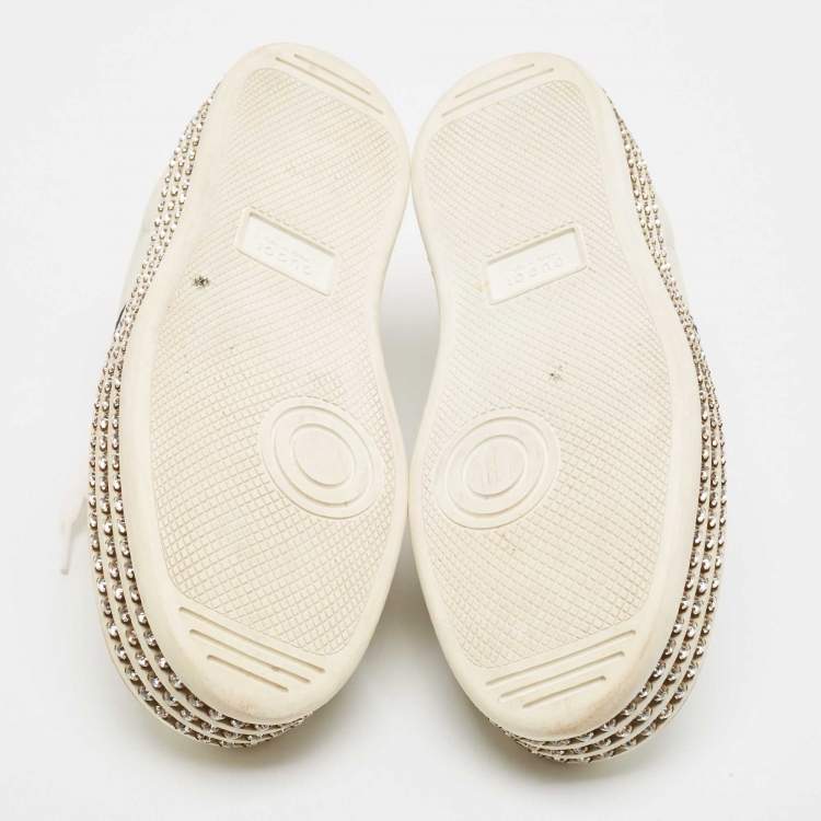 Pre Owned Gucci White Leather Bee Web New Ace Crystal Embellished Platform Sneakers Size 37