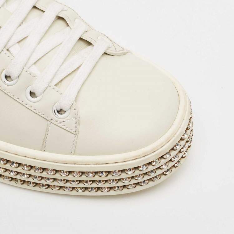 Pre Owned Gucci White Leather Bee Web New Ace Crystal Embellished Platform Sneakers Size 37