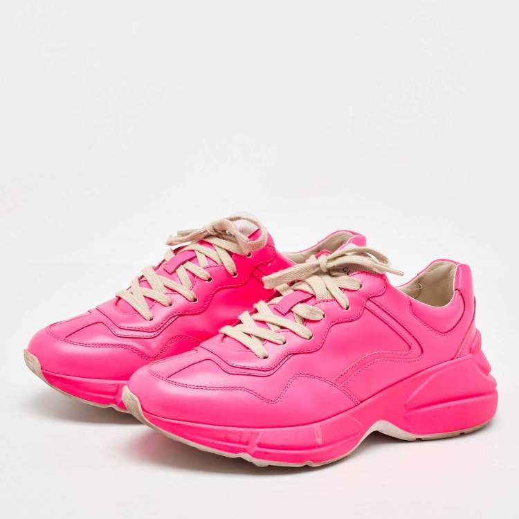 Pre Owned Gucci Neon Pink Leather Rhyton Low Top Sneakers Size 39