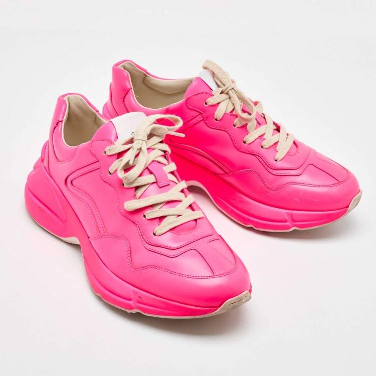Pre Owned Gucci Neon Pink Leather Rhyton Low Top Sneakers Size 39