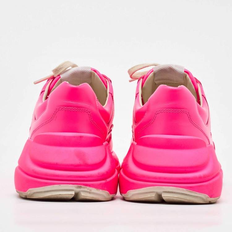 Pre Owned Gucci Neon Pink Leather Rhyton Low Top Sneakers Size 39