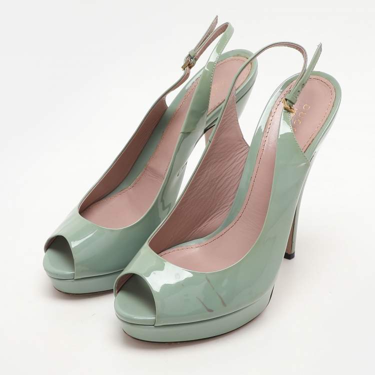 Pre Owned Gucci Green Patent Leather Peep-Toe Platform Slingback Pumps Size 39