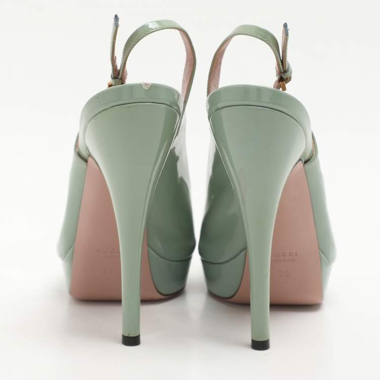 Pre Owned Gucci Green Patent Leather Peep-Toe Platform Slingback Pumps Size 39