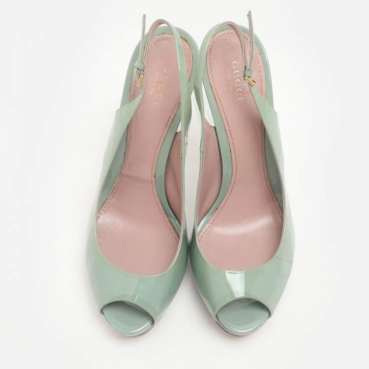 Pre Owned Gucci Green Patent Leather Peep-Toe Platform Slingback Pumps Size 39