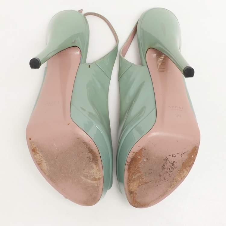 Pre Owned Gucci Green Patent Leather Peep-Toe Platform Slingback Pumps Size 39