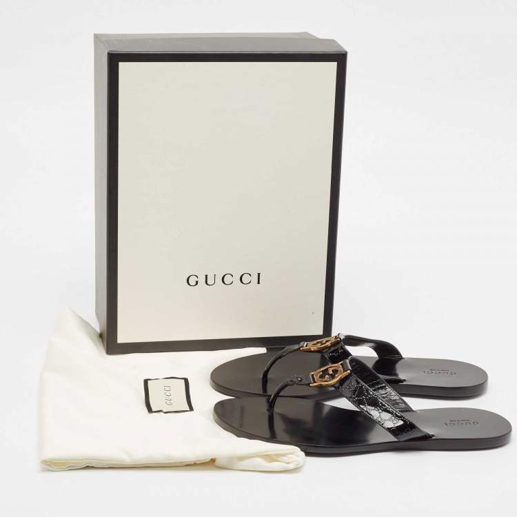 Pre Owned Gucci Black Microguccissima Patent Leather Interlocking G Thong Flats Size 38.5