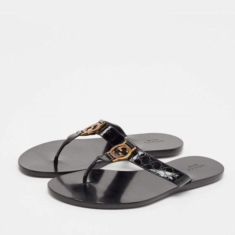 Pre Owned Gucci Black Microguccissima Patent Leather Interlocking G Thong Flats Size 38.5