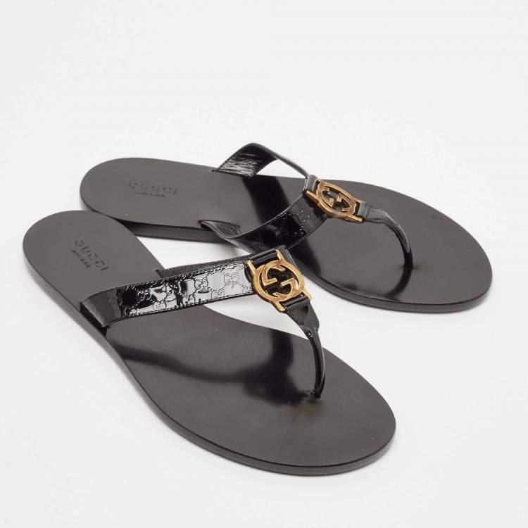 Pre Owned Gucci Black Microguccissima Patent Leather Interlocking G Thong Flats Size 38.5