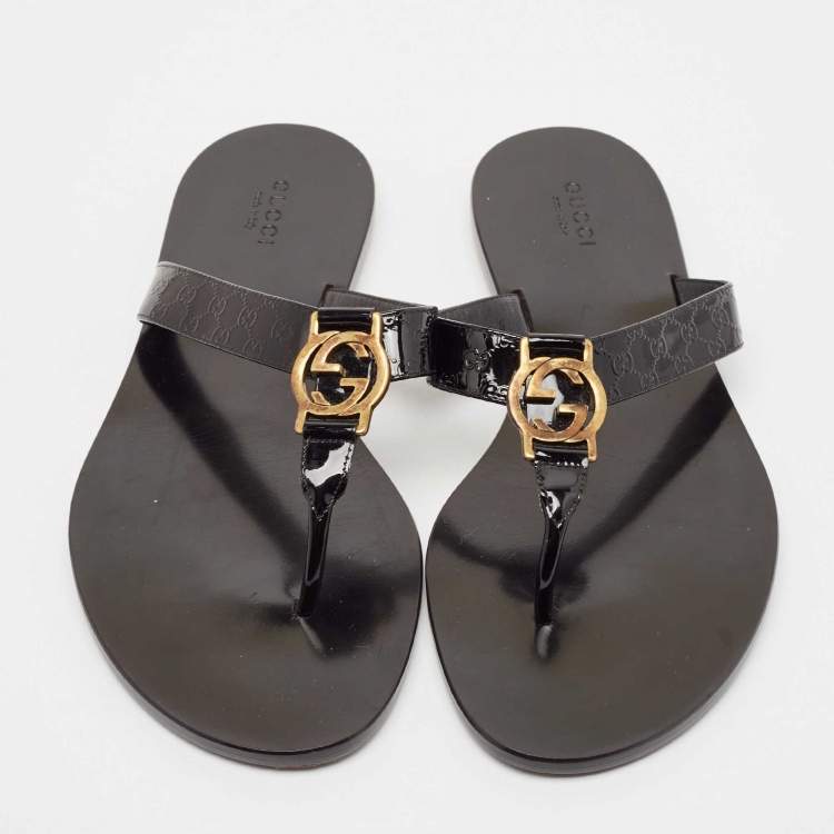 Pre Owned Gucci Black Microguccissima Patent Leather Interlocking G Thong Flats Size 38.5