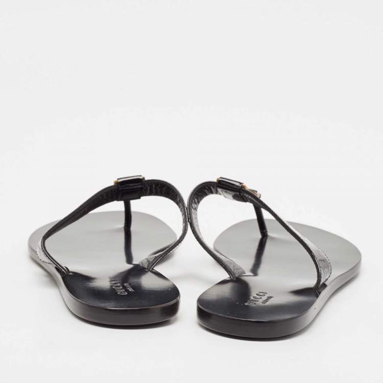 Pre Owned Gucci Black Microguccissima Patent Leather Interlocking G Thong Flats Size 38.5