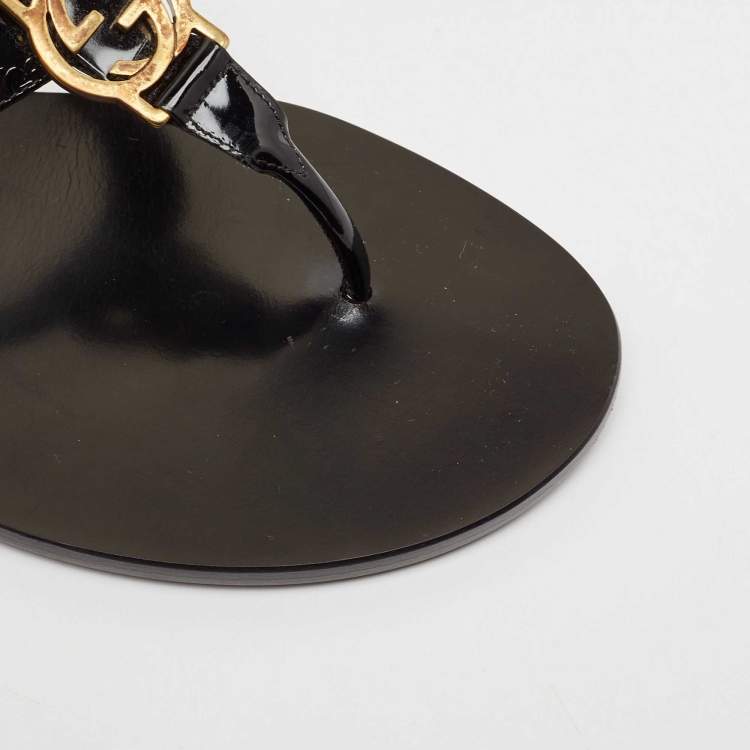 Pre Owned Gucci Black Microguccissima Patent Leather Interlocking G Thong Flats Size 38.5