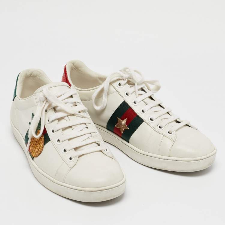 Pre Owned Gucci White Leather Ace Bee Embroidered Low Top Sneakers Size 37
