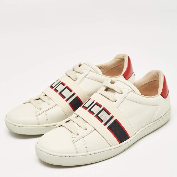 Pre Owned Gucci Off White/Red Leather Ace Stripe Sneakers Size 36.5