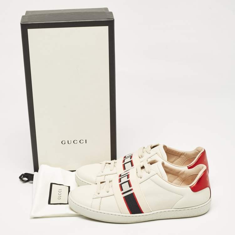 Pre Owned Gucci Off White/Red Leather Ace Stripe Sneakers Size 36.5
