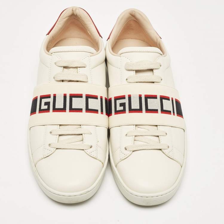 Pre Owned Gucci Off White/Red Leather Ace Stripe Sneakers Size 36.5