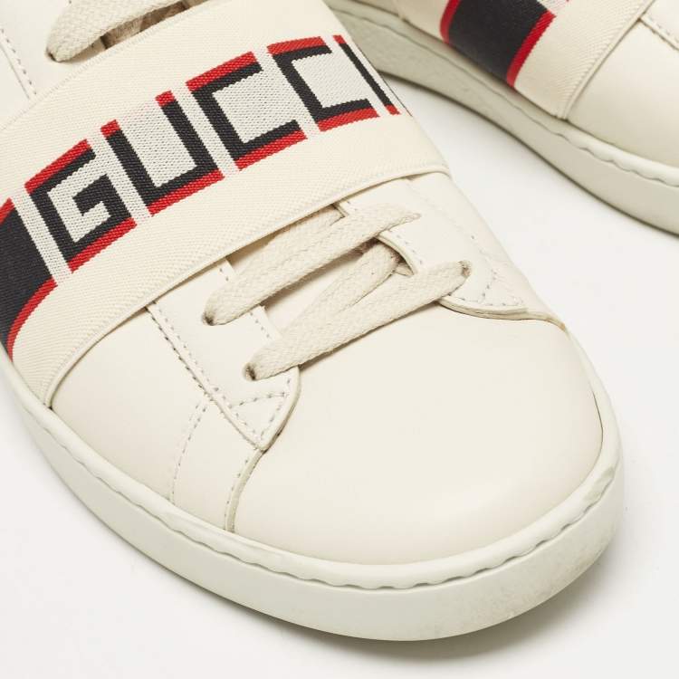 Pre Owned Gucci Off White/Red Leather Ace Stripe Sneakers Size 36.5