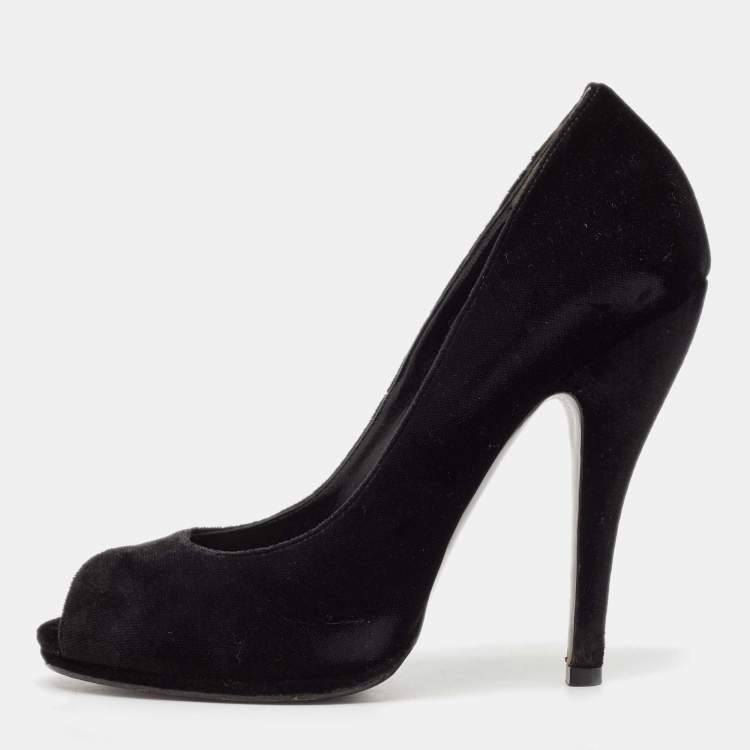 Pre Owned Gucci Black Velvet Peep Toe Pumps Size 38.5