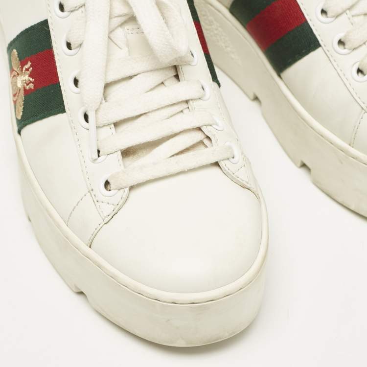 Pre Owned Gucci White Leather Bee Embroidered Ace Platform Sneakers Size 35