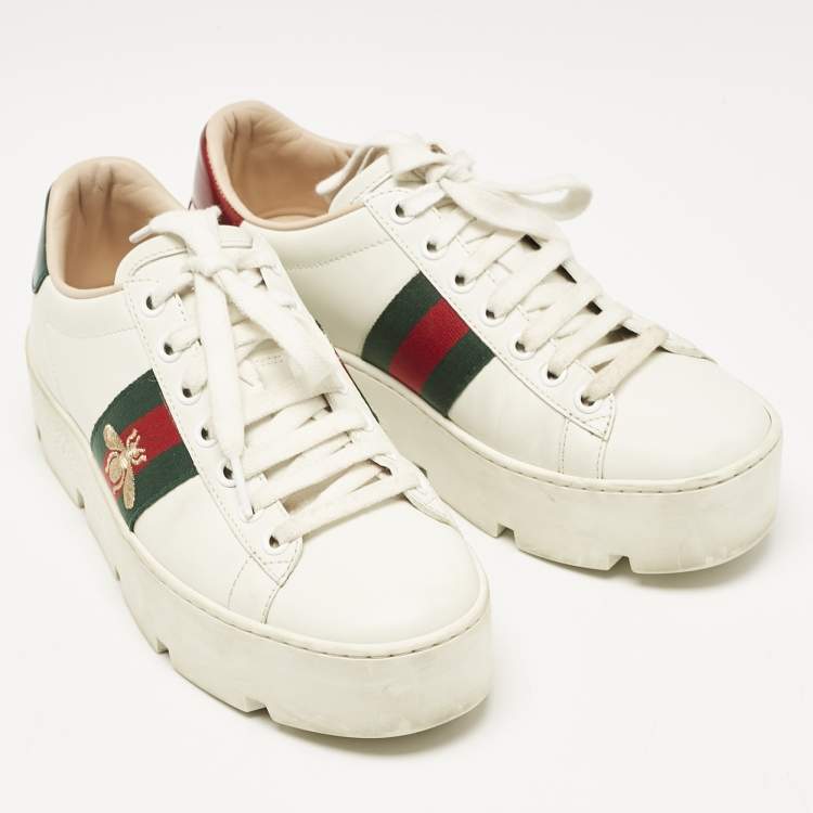 Pre Owned Gucci White Leather Bee Embroidered Ace Platform Sneakers Size 35
