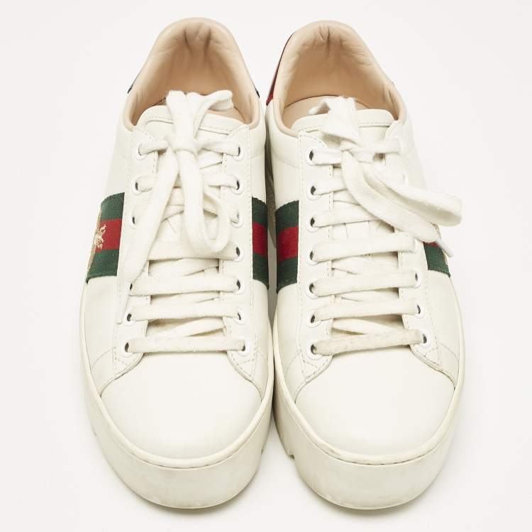 Pre Owned Gucci White Leather Bee Embroidered Ace Platform Sneakers Size 35
