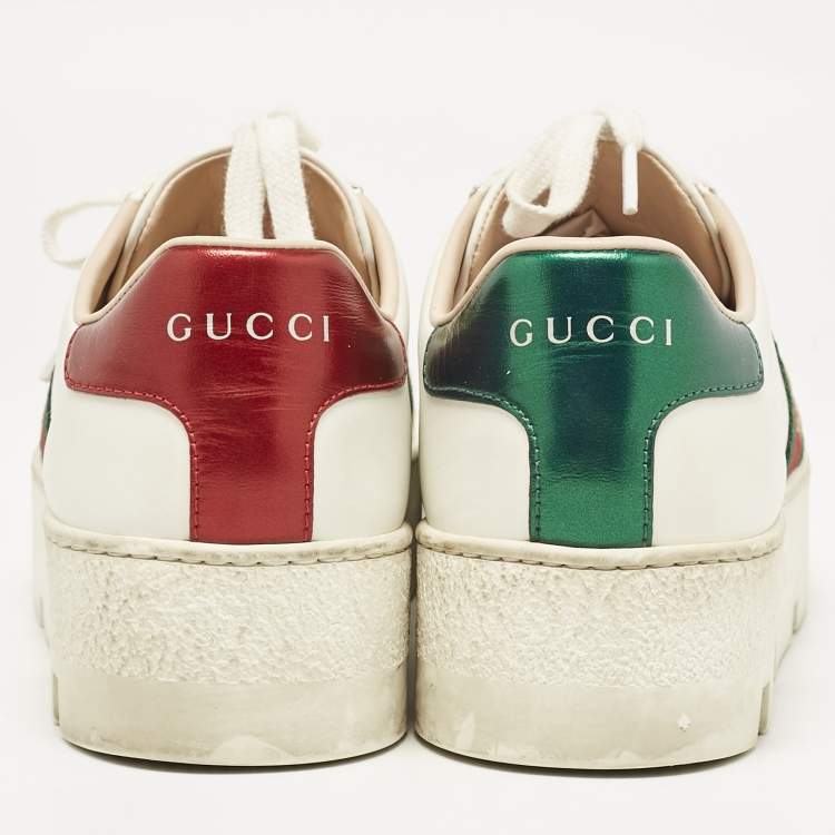 Pre Owned Gucci White Leather Bee Embroidered Ace Platform Sneakers Size 35