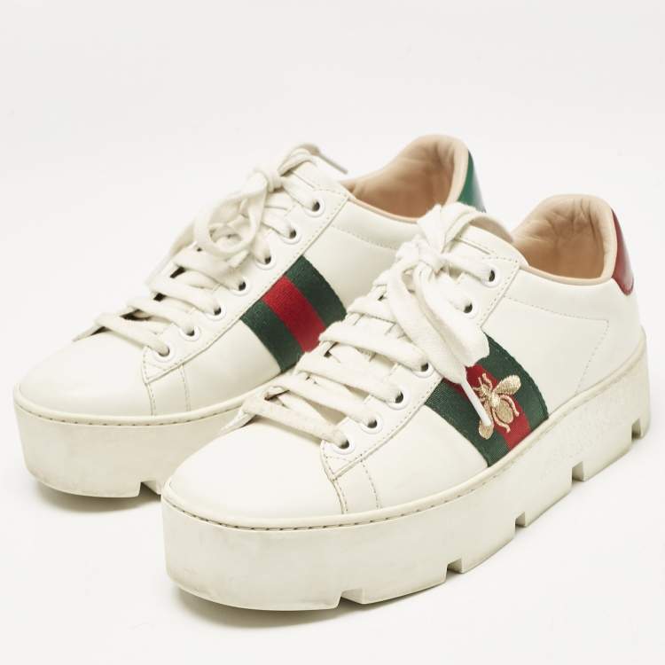Pre Owned Gucci White Leather Bee Embroidered Ace Platform Sneakers Size 35