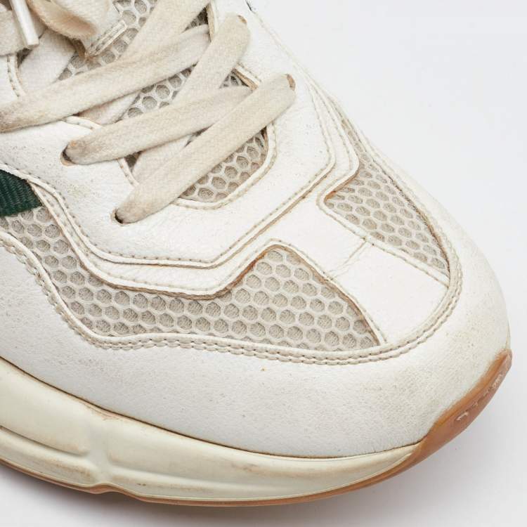 Pre Owned Gucci White Leather and Mesh Web Detail Rhyton Low Top Sneakers Size 37.5