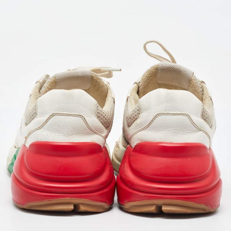 Pre Owned Gucci White Leather and Mesh Web Detail Rhyton Low Top Sneakers Size 37.5