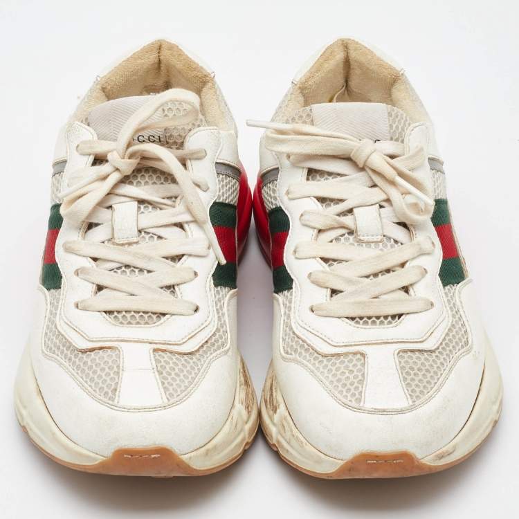 Pre Owned Gucci White Leather and Mesh Web Detail Rhyton Low Top Sneakers Size 37.5